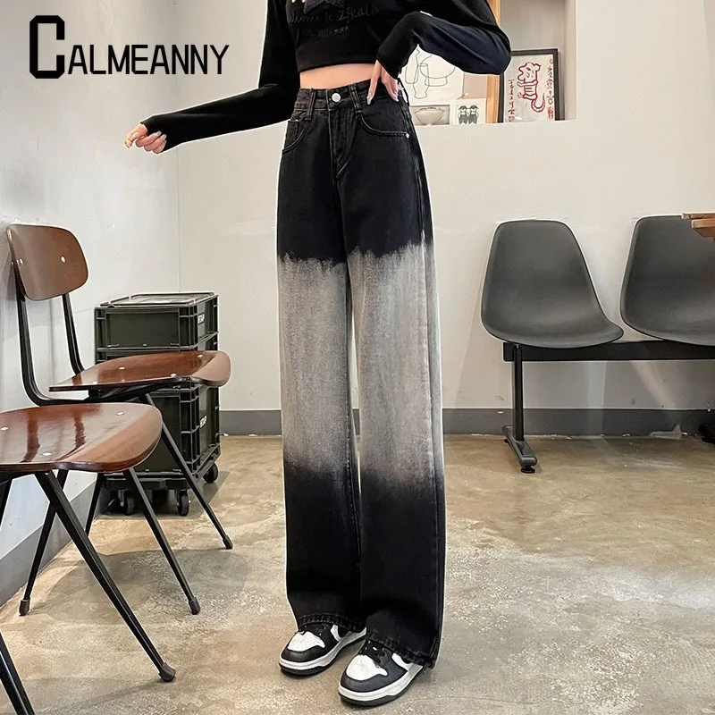 2024 Spring Autumn New Wide-leg jeans gradient meat design feeling bump color high waist mop loose straight tube long pants