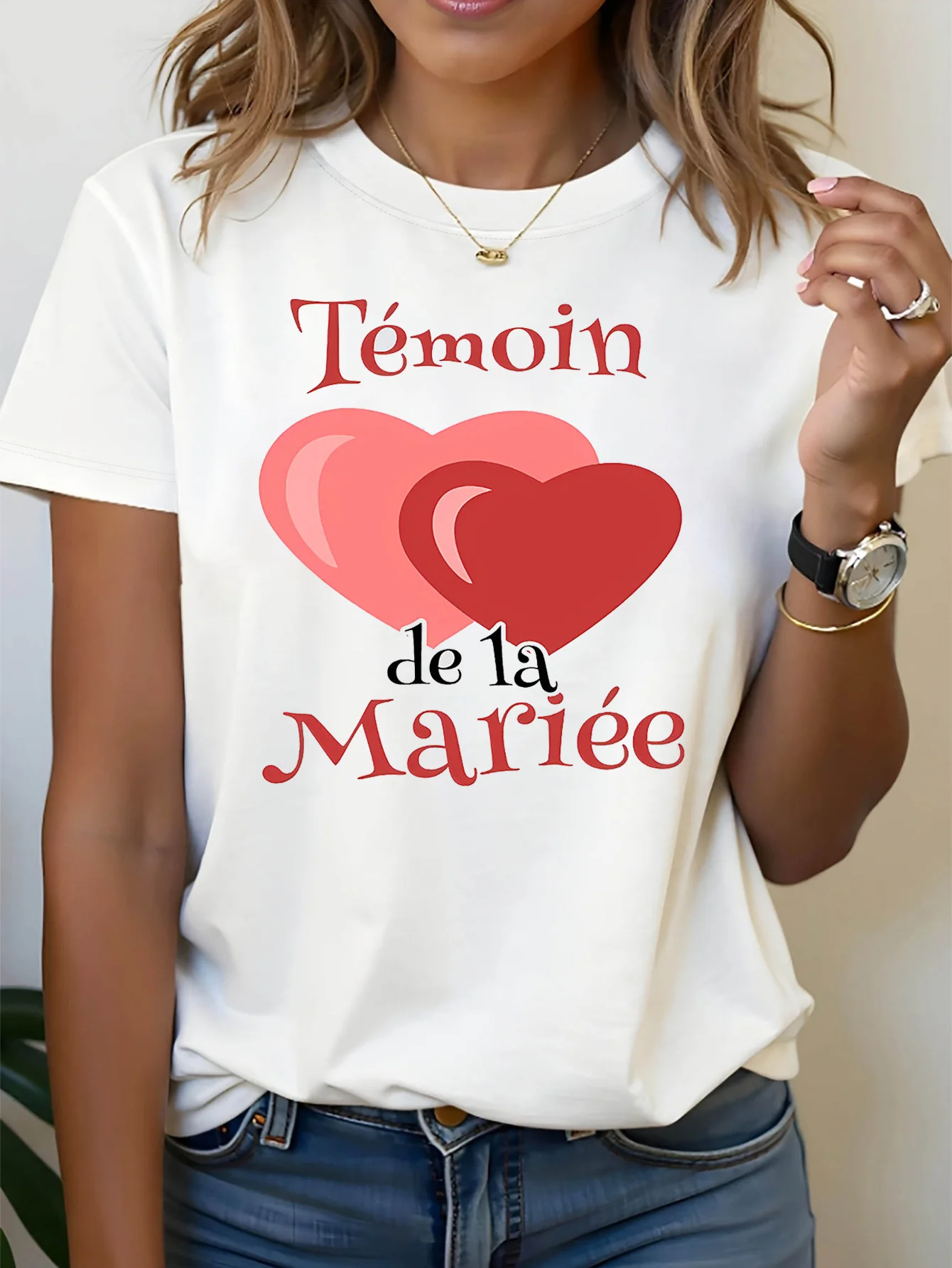 French Bridesmaid Heart Temoin De La Mariee Graphic Print T Shirt Women's Spring Summer Short Sleeve Casual T Shirt