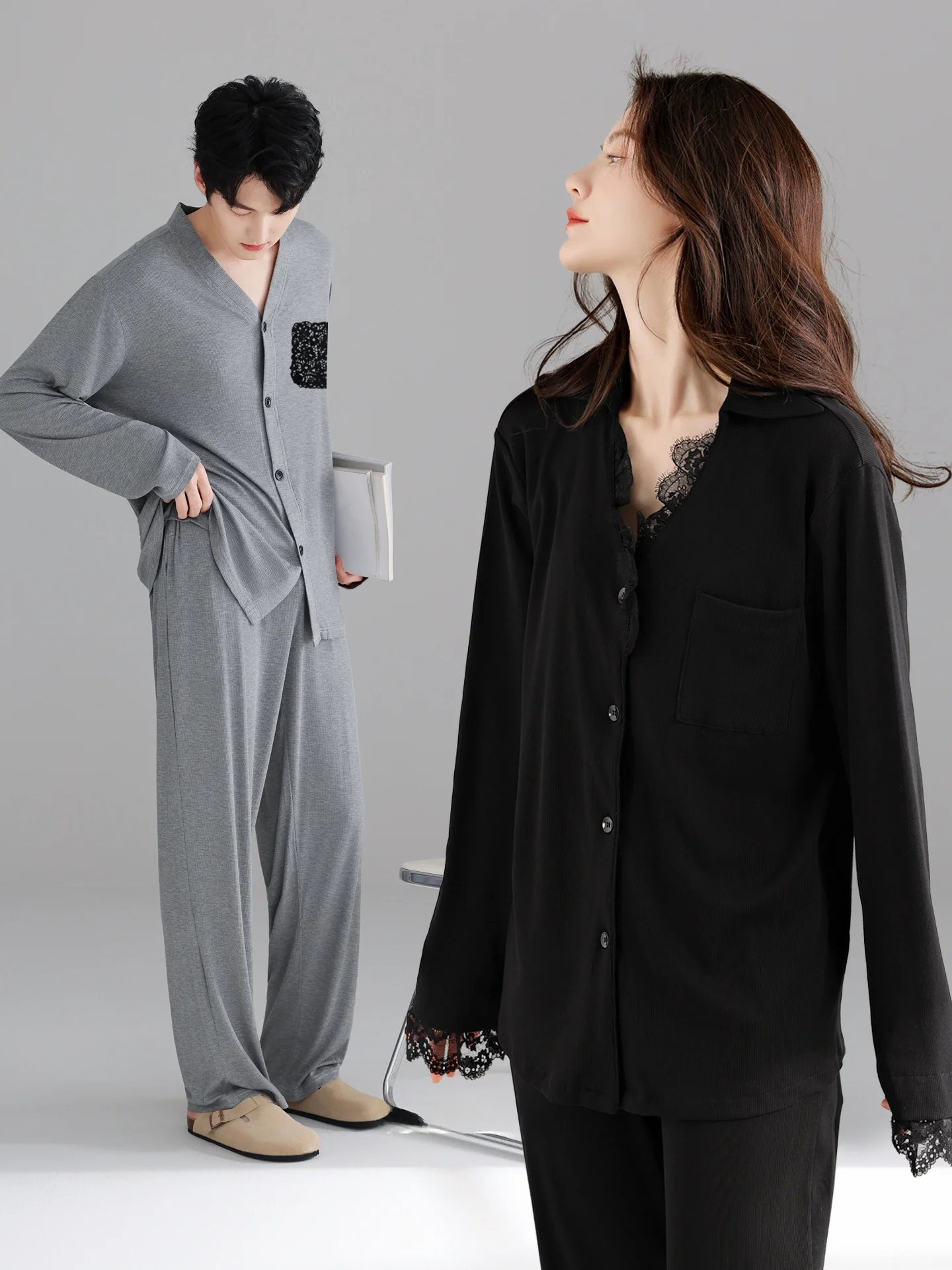 2025-new-couple-spwear-women-spring-autumn-long-sve-v-ne-sexy-lace-men-home-clothes-set-casual-loose-fit-modal-cotton