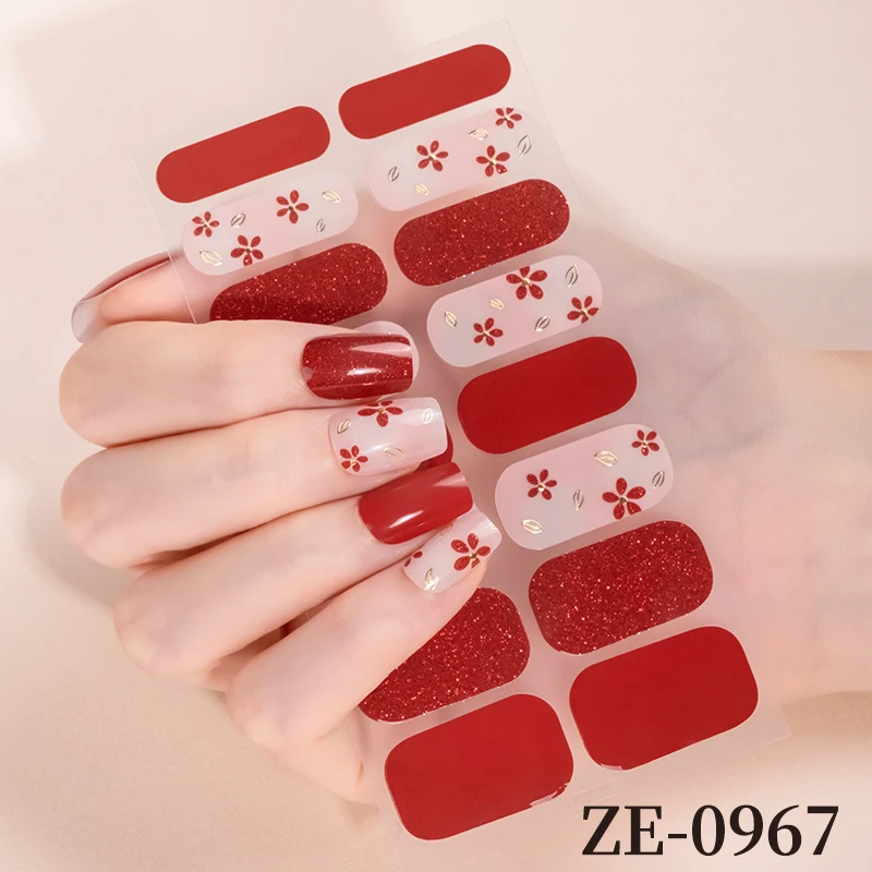 16 Adesivos de Unha com Flores Brilhantes e Laços, Cobertura Total, Novidade para o Ano Novo, Decoração de Manicure