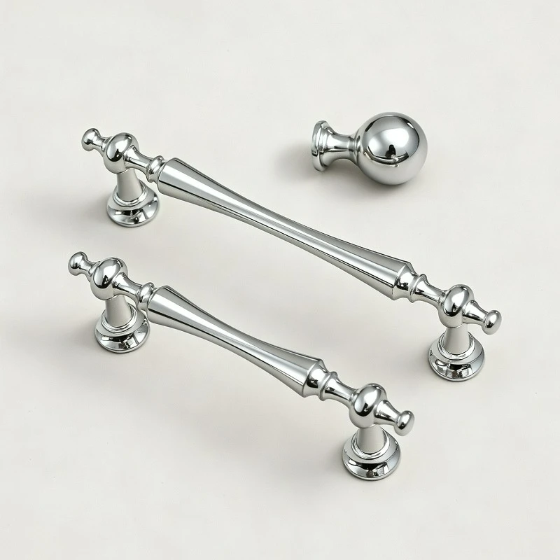 French Style Light Luxury Zinc Alloy Wardrobe Door Handle, Simple Style, Shiny Silver Entrance Drawer Cabinet, Solid Handle