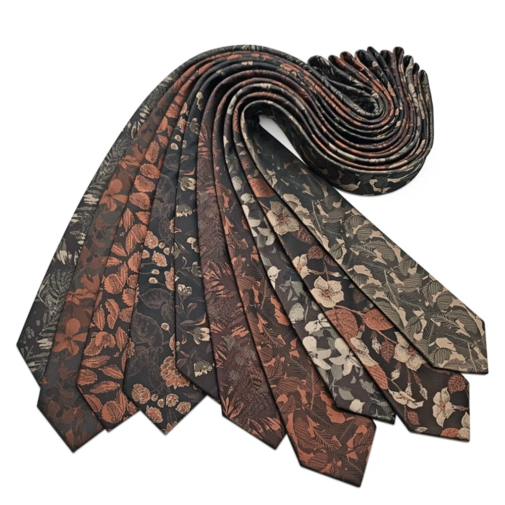 2pcs Set Polyester Flower Neckties Men Brown Hankerchief Elegant Neck Tie Set Tuxedo Suit Accessories Shirt Pocket Square Cravat