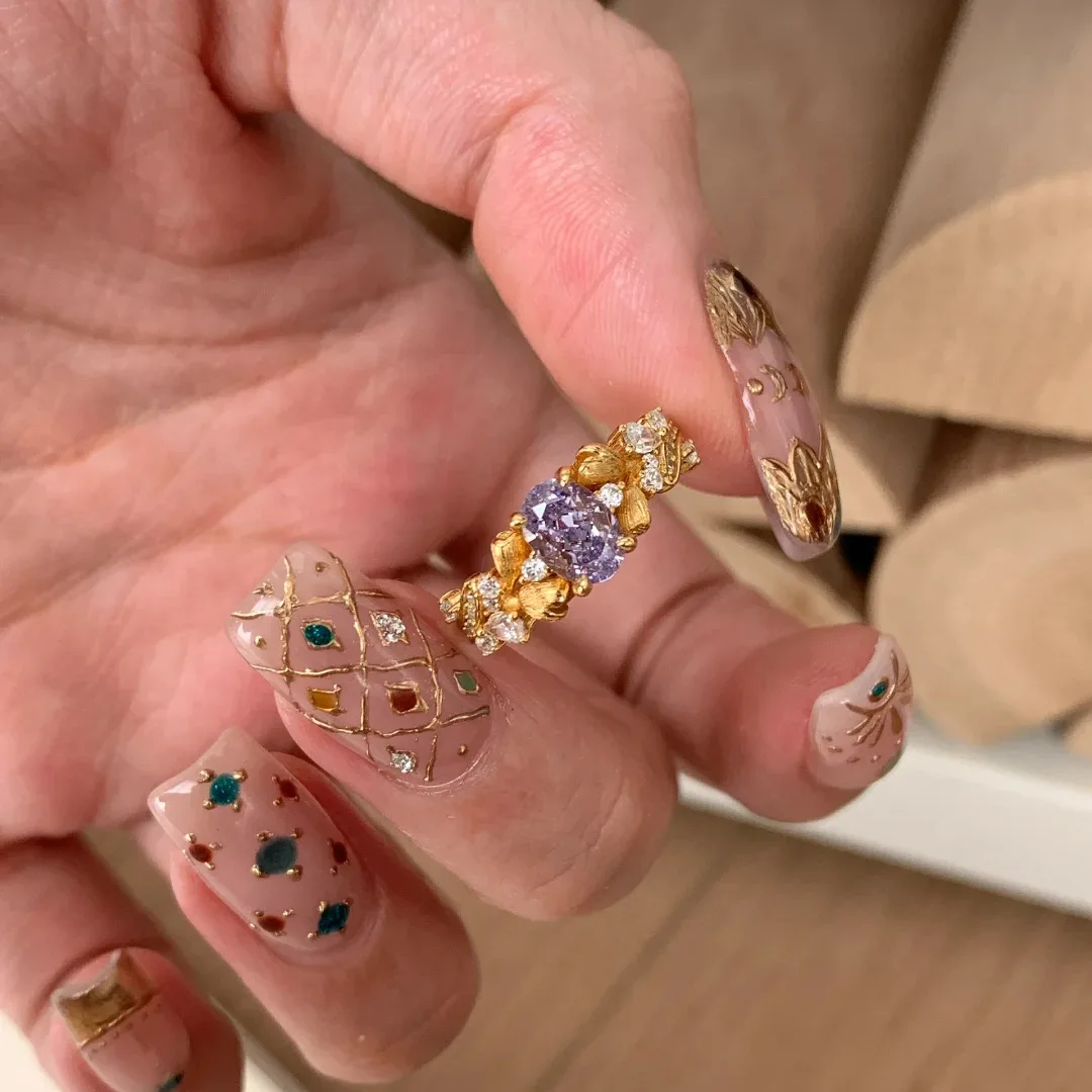 925 Sterling Silber Retro Neun Lila Li Fire Bauhinia Ring, leichter Luxus, Nischenmode, vielseitiger handgebürsteter Ring für Damen – Detail 5