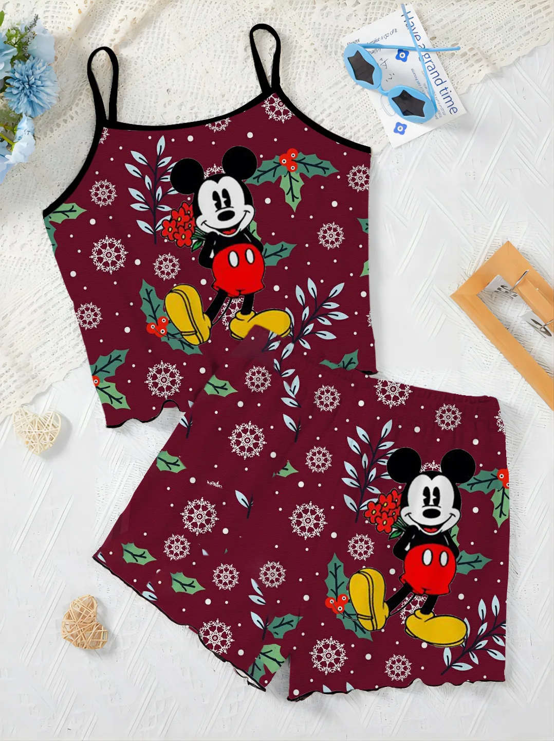 Camiseta Mickey Top Minnie Mouse elegante conjuntos de mujer pijama falda vestido deslizante Disney Navidad lechuga piezas de adorno traje corto Top