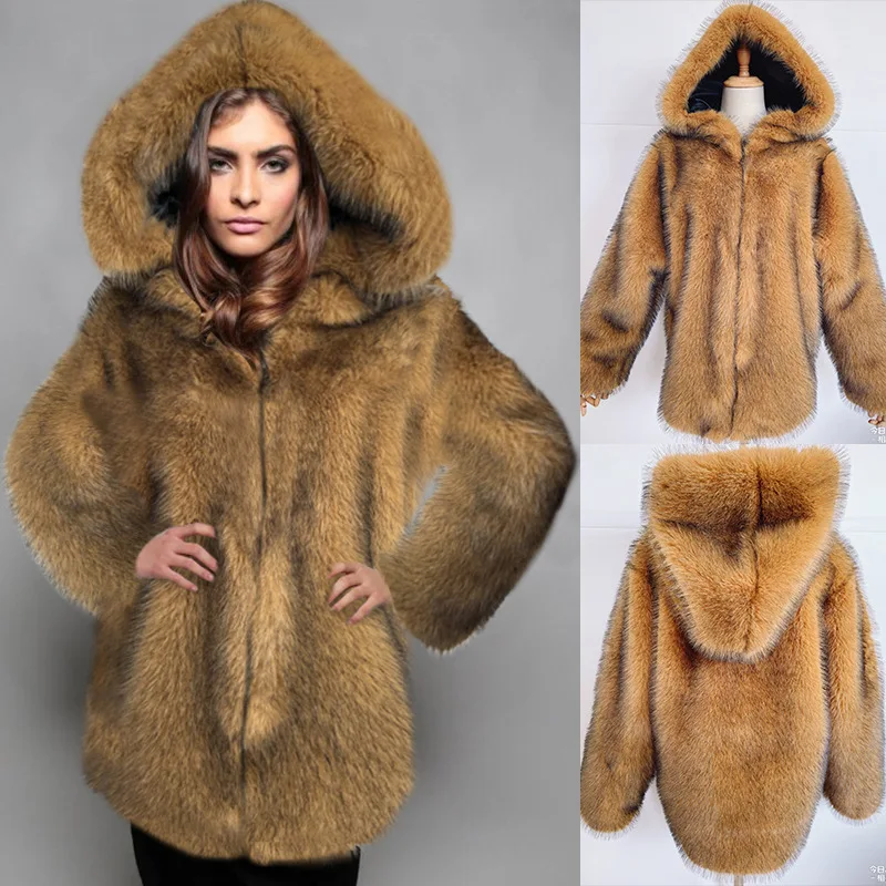 Luxury Brand Fur Coats Women Winter Hooded Long Faux Fur Jacket Thickened Long Sleeve Warm Streetwear Fox Fur Chic Coat