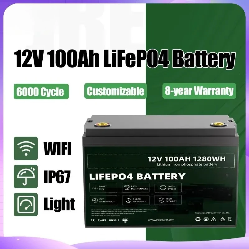12V 100Ah LiFePO4 Battery Deep Cycle Lithium Iron Phosphate Solar Energy Storage Power Bank for RV Camper Marine Off Grid