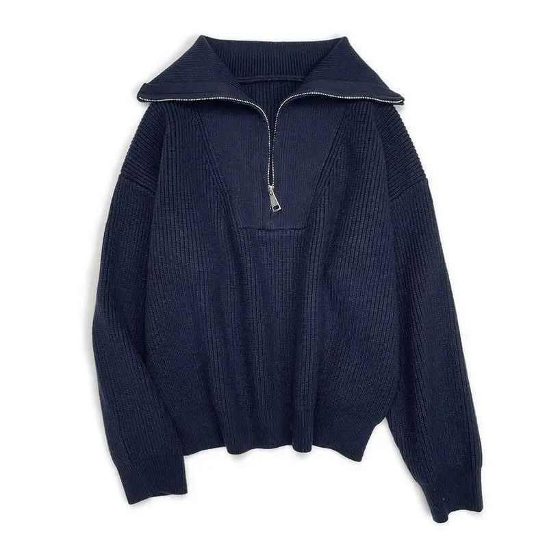 

Half Zipper Casual Lazy Korean Solid Knitted Sweaters Women Long Sleeve Sueter Mujer Y2k Pullovers Stand Collar High Street