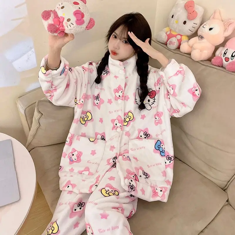 Hot Kawaii Sanrio Hellokitty Cartoon Pajamas Cute Sweet Girl Autumn Winter Long-Sleeved Trousers Thickened Casual Wear Home Set