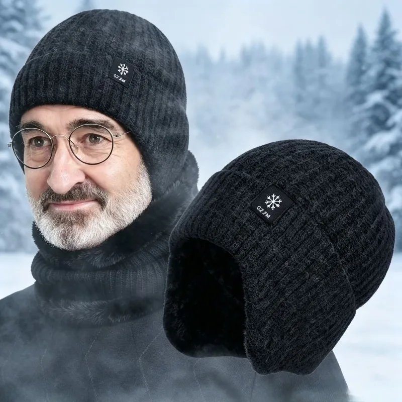 Men Winter Knitted Hat Plush Warmth Peaked Cap Outdoor Earmuff Casual Fashion Faux Fur Lined Beanie Hats Cycling Ear Protection