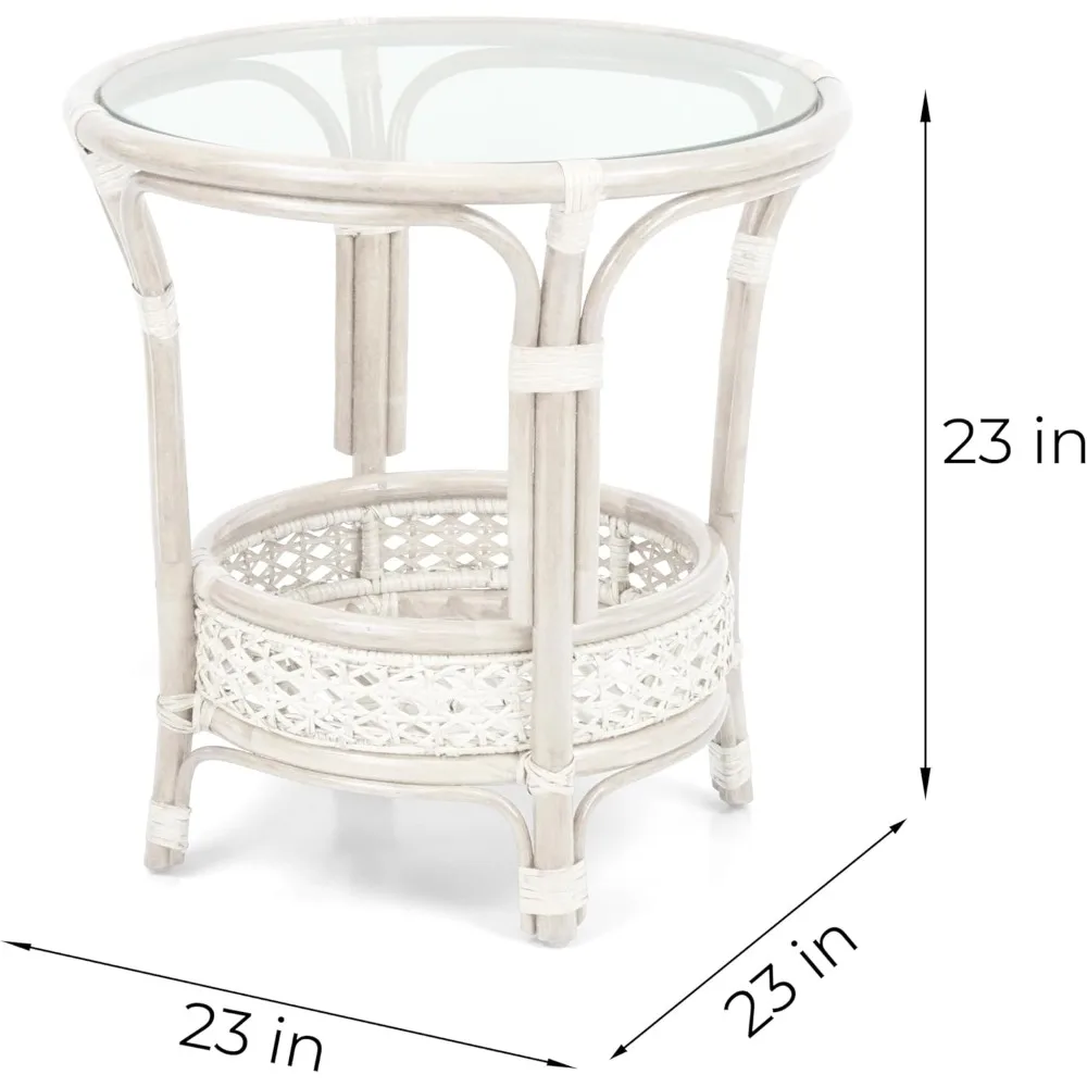 Coffee Round Table White Wash Color Handmade ECO Natural Rattan Wicker with Glass Top