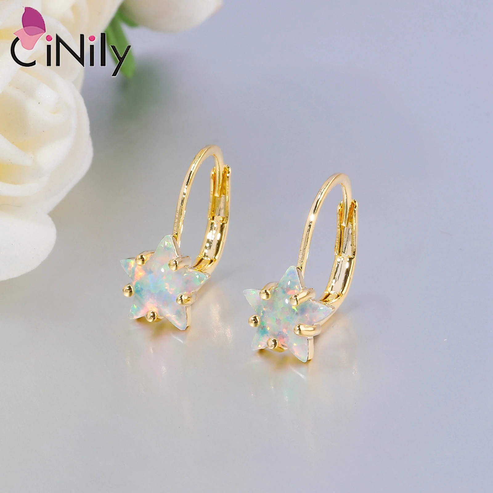 CiNily Cute White Fire Opal Hoop Earrings Yellow Gold Plated Lovely Star Earrings for Women Girls Wedding Fashion Jewelry Gifts