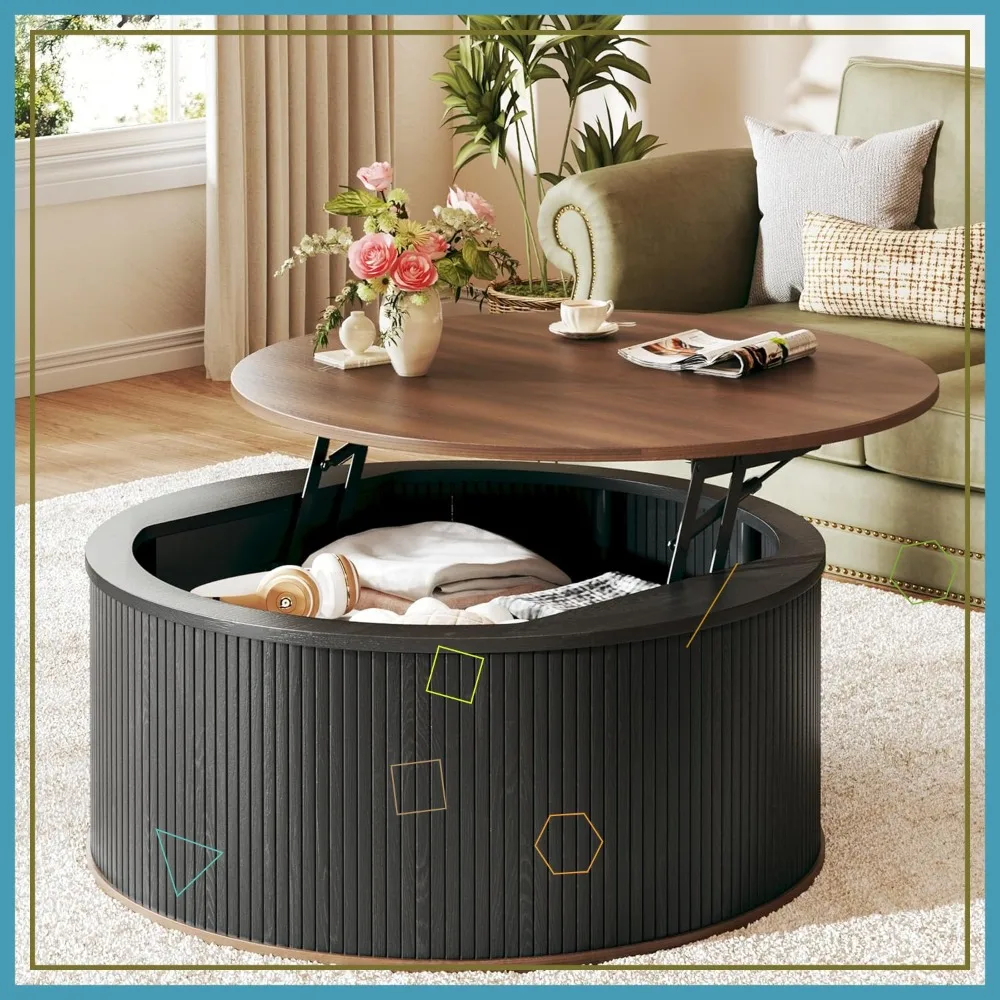 31,5-Zoll-Couchtisch mit Hubplatte und Stauraum, runder Tisch im Mid-Century-Stil für das Wohnzimmer, rustikale Holzplatte
