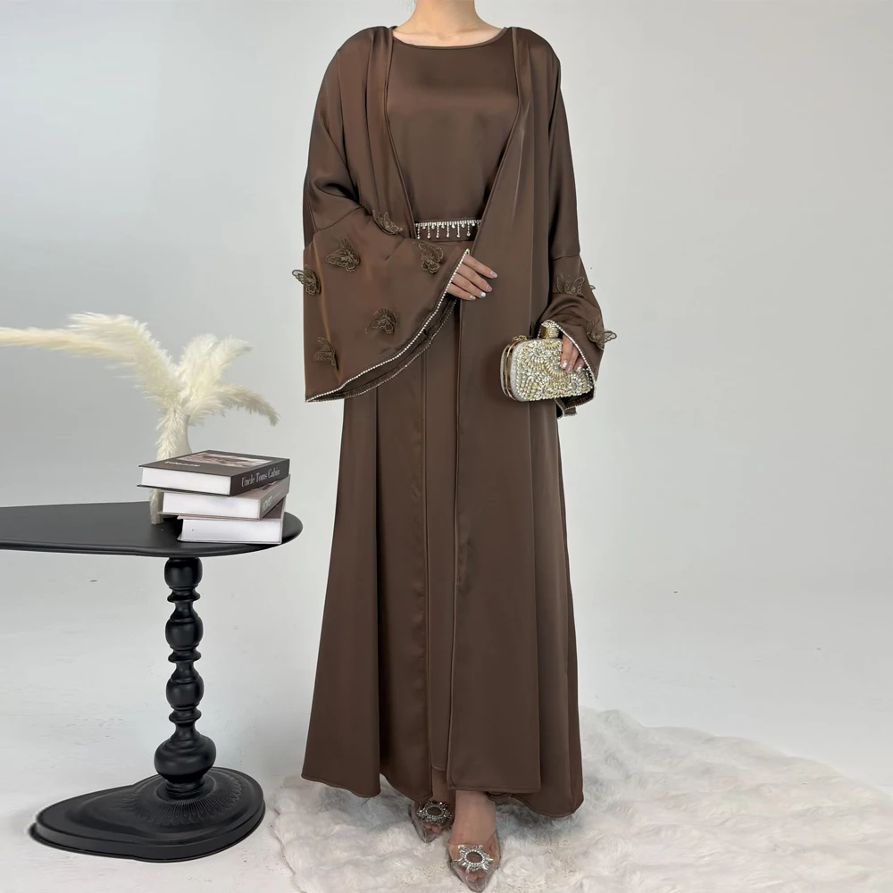 

Butterfly Satin Abaya Set Two Pieces with Inner Dress Muslim Matching Set Ramadan Kimono Cardigan Kebaya Jalabiya Islam Clothing