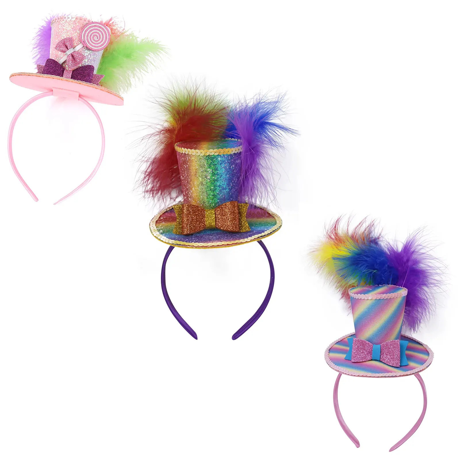 Fascinators Mini Top Hat Carnival Party Dress Up Headband Feather Sequin Hair Hoop Halloween Cosplay Rainbow Bow Photo Hairloop