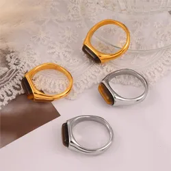 Inlaid Tiger Eye Stone Stainless Steel Rings For Women 2024 Trend Gold Plated Waterproof Vintage Minimalist Style Women's Ring