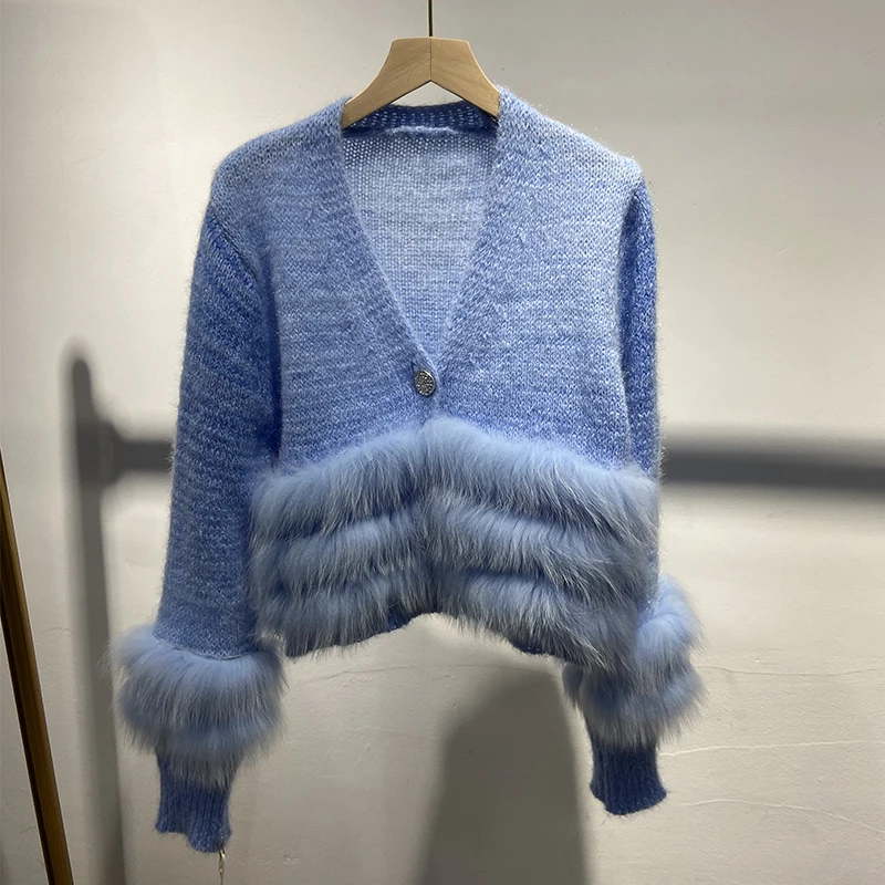 

Женский тонкий натуральный лисьий мех, внешнее украшение, женский модный осенний свитер, вязаное однобортное пальто