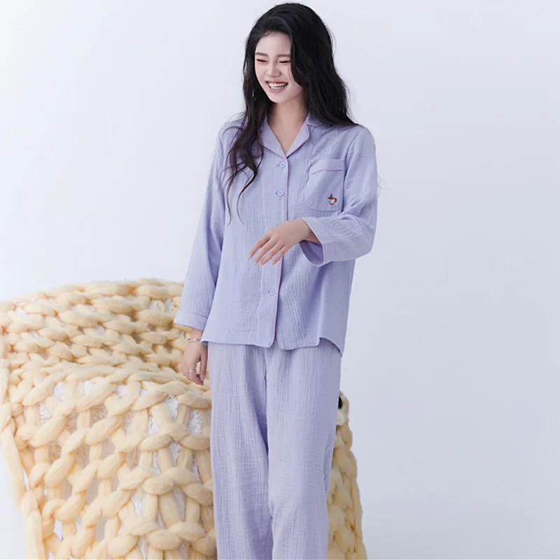 

M-3XL New Pure Cotton Women's Pajamas Lapel Shirt Long Pant Suit Large Size Autumn Winter Sleepwear Pijama Lounge Pyjamas Femme