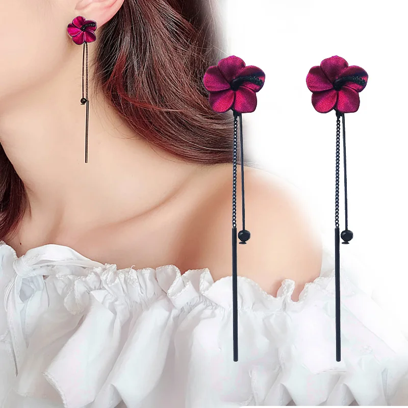 Vintage Red Rose Flower Tassel Stud Earrings For Women Temperament Long Hanging Pendant Dangle Korean Style Jewelry Gift Brincos