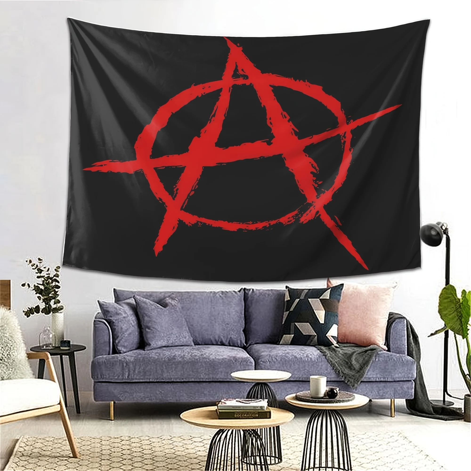 Anarchy Symbol Tapestry - Red A in Circle on Black Background, Punk Rock Wall Decor, Rebel Style, Polyester, Multiple Sizes