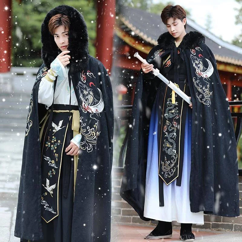 

Long Oversized Fur Collar Cloak with Embroidery Warmth Padded Large Swang Wrap Hanfu Men's Winter Faion Outerwear