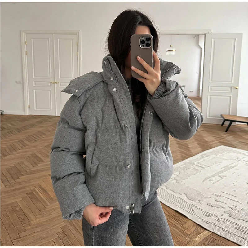 Hooded Stand Collar Fitted Puffer Coat Zip‑Up Oversized 2026 Winter Women Warm Padded Jacket Glam Causal Lady Cotton‑Padded Coat