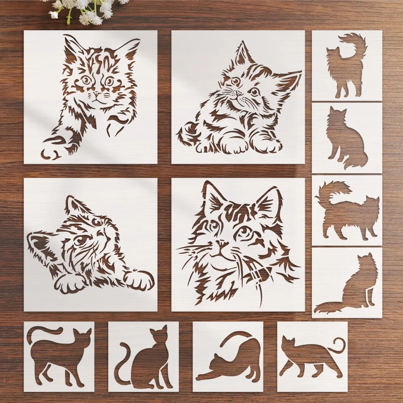 YOMDID 12pcs Lovely Cat Series Graffiti Stencils Reusable DIY cat Multi-Pattern Painting Hollow Out Decorative Templates