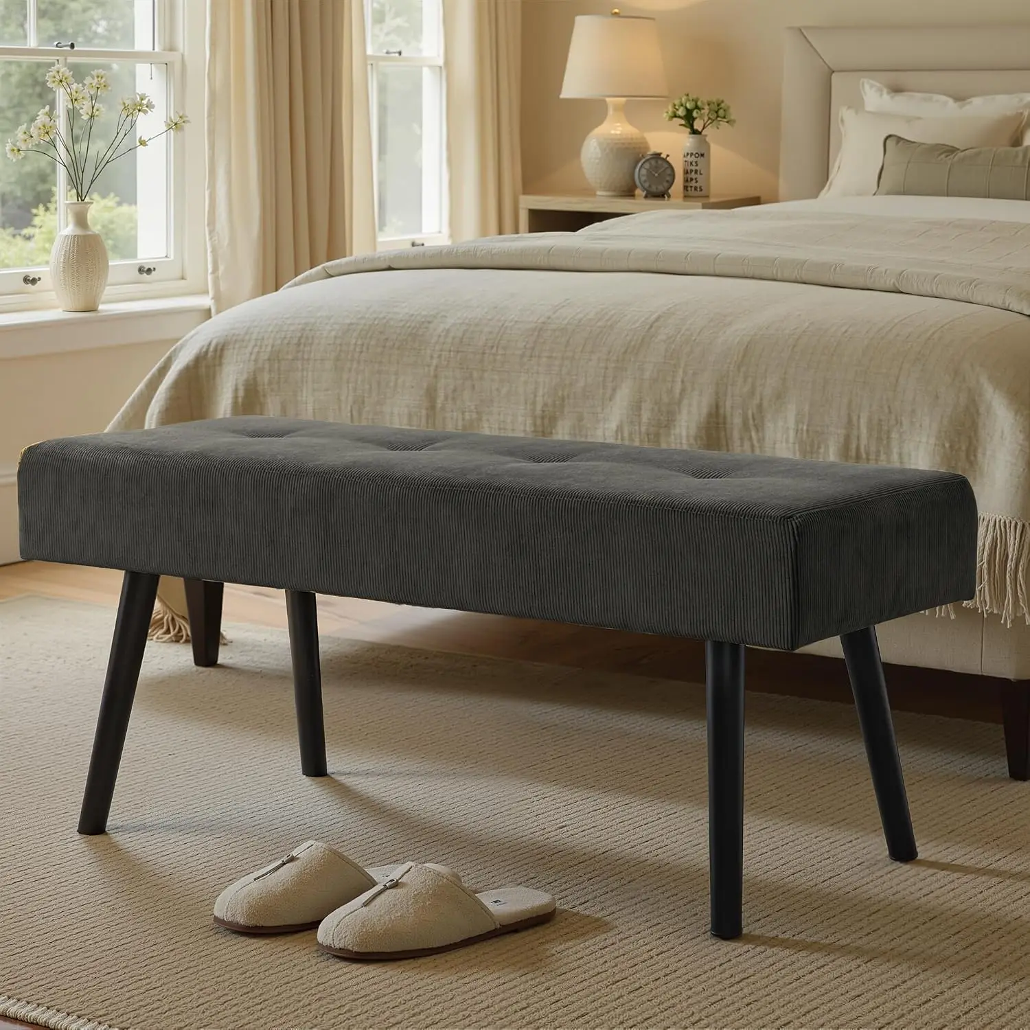 Entryway Bench - Grey Bench for Bedroom, Modern Ottoman End of Bed, Corduroy Padded Benches for Living Room, Foyer, Mudroom