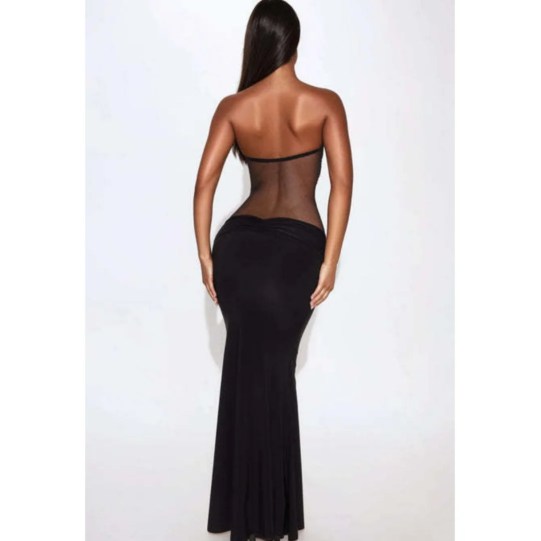 Fashion Off Shoulder Sexy Hollow Out Long Dresses Solid Slim Strapless Mesh Sheer Dress Elegant Summer Party Club Evening Gown - view 3