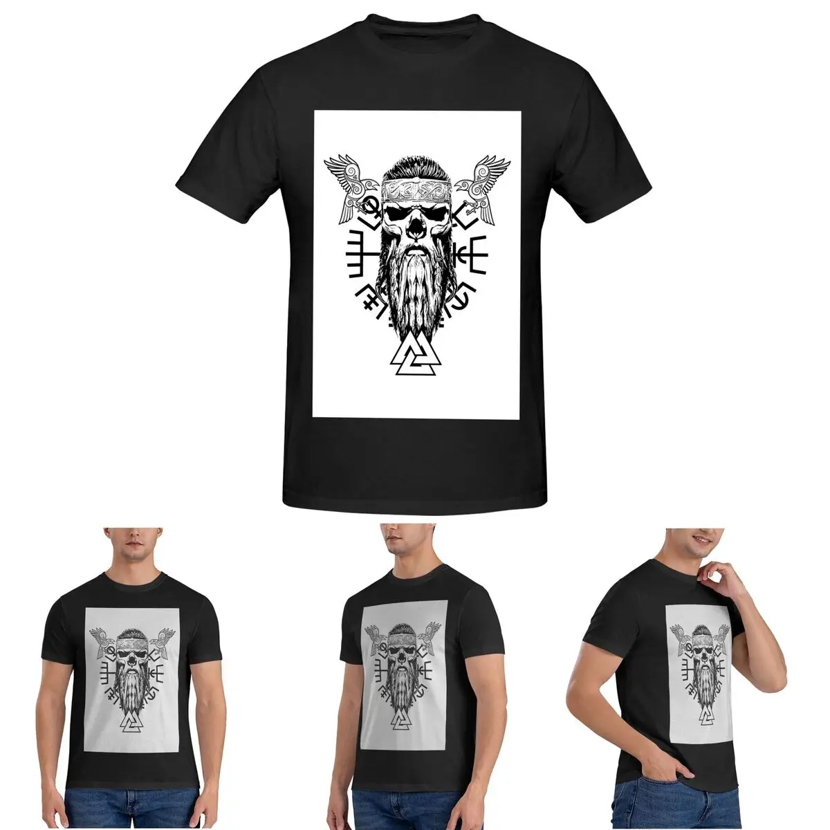

Футболка с черепом викингов с бородой, узлом Одина и вегвизиром Одина's Ravens Hugin и Munin, мужские футболки, короткая одежда с круглым вырезом