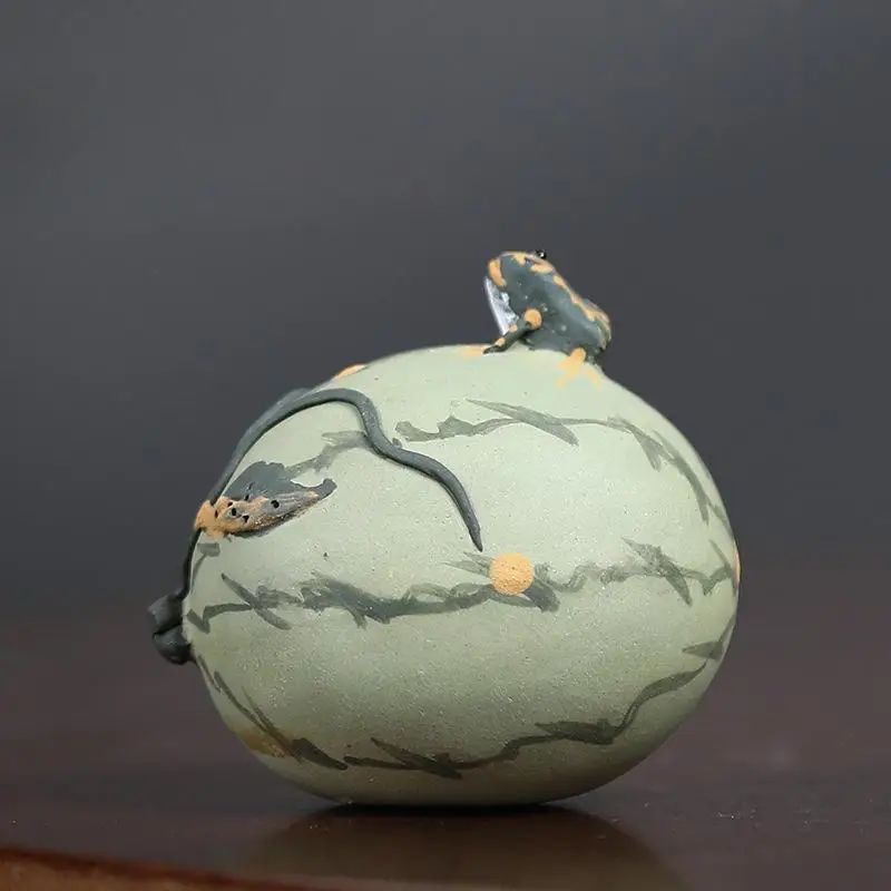 1Pc Yixing Purple Clay Handmade Tea Pet Decor Watermelon Spraying Frog Ceramic Craft for Home Table