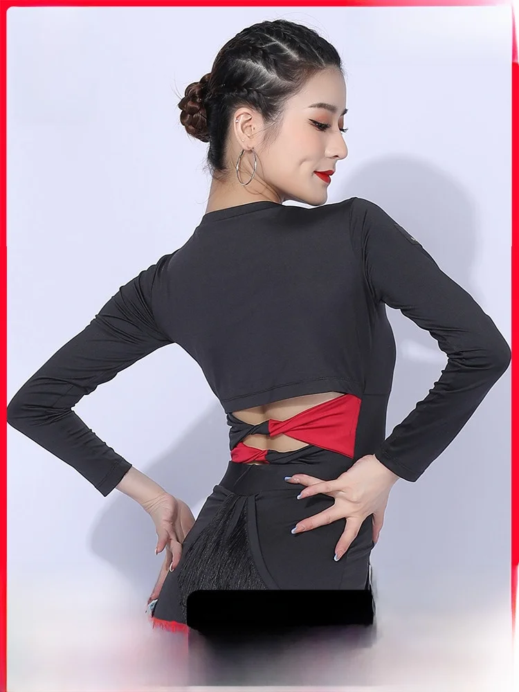 Sexy ort traje de dança latina feminino prática wear redondo ne ort sve fitn dança topo para rumba cha samba bolero