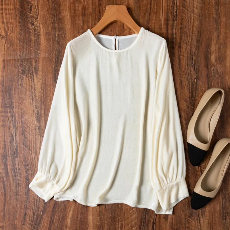 

100% Mulberry Silk Lining Women Silk Velvet Blouse White Color Shirt Top Pullover O Neck Lantern Long Sleeve Office Lady M1215