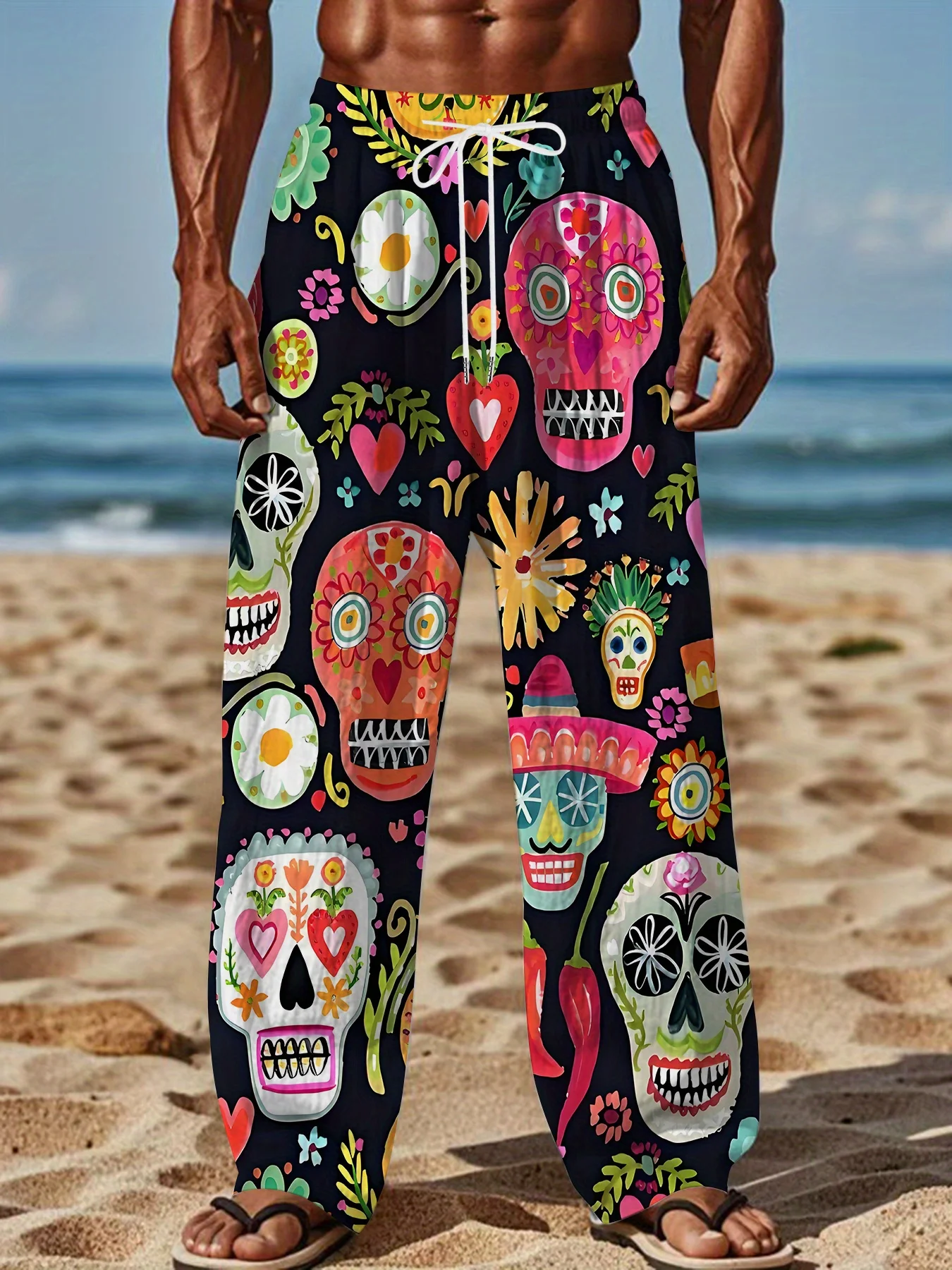 Indonesian Style 3D Printed Men's and Women's Beach Pants with Elastic Waist, Casual and Fashionable Streetwear Pants