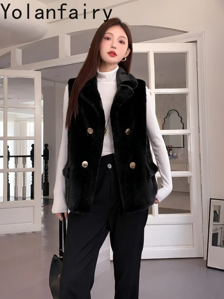 YOLANFAIRY Naturalny Płaszcz z Futra Damski Luksusowy Zimowy 2025 Bezrękawnik z Prawdziwego Futra Norki Kamizelka z Futra dla Kobiet Czarna Kurtka Futrzana