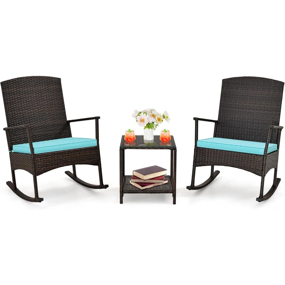 3 piece patio rocking set, wicker rocking chairs with 2-tier coffee table, rattan rocker set with comfy cushions, patio rocking