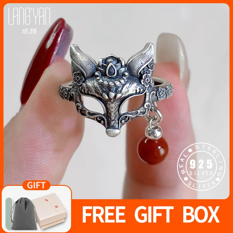 

Langyan 925 Sterling Silver Fox Mask Ring with Red Agate Bead Chinese Style Unisex Jewelry Accessories Adjustable JZ178