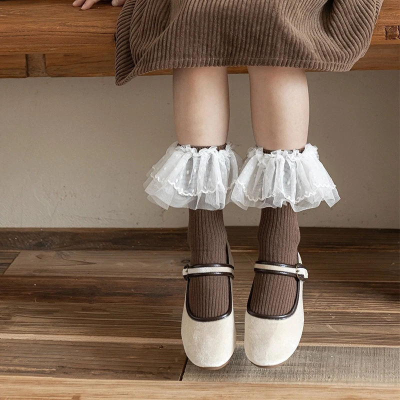Sweet Cute Lolita Girls Lace Ruffles Girls Middle Tube Socks Brown Princess Style Socks Korean Fashionable Versatile Girls Socks