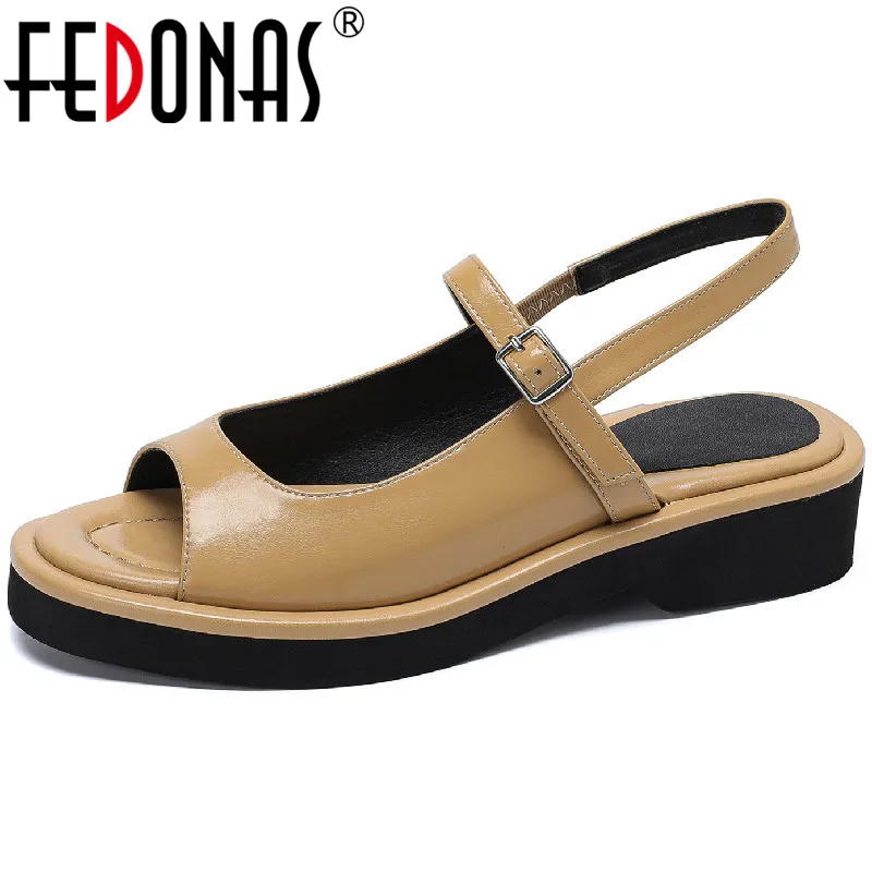 FEDONAS Peep Toe Low Heels Women Sandals Genuine Leather Working Casual Summer Shoes Woman Fashion Concise 2024 New Arrival