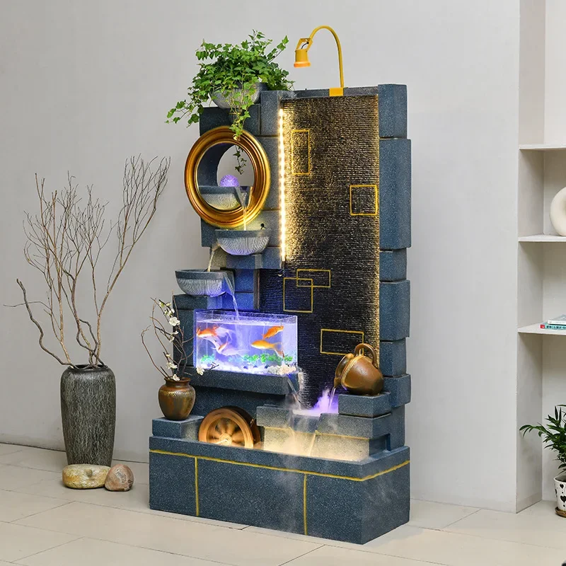 Modern simple living room, circulating flowing water ornaments, floor-to-ceiling water features, water curtain walls, rockeries