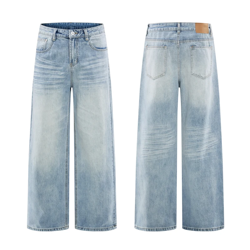 

Retro Men's Light Wash Jeans Whisker Faded Wide Leg Baggy Casual Streetwear Premium Denim Pants