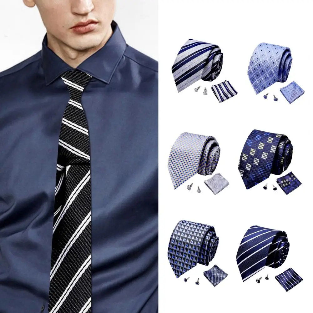 Tie Cufflink Pocket Square Set Plaid Print Striped Formal Business Wedding Groom Necktie Cufflink Set Match Shirt Suit Accessory