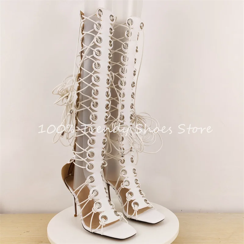 

Sexy Hollow-Out Cross Lace-Up Women Knee High Boots Summer Cool Long Boots Square Toe High Heel Ladies Gladiator Sandals