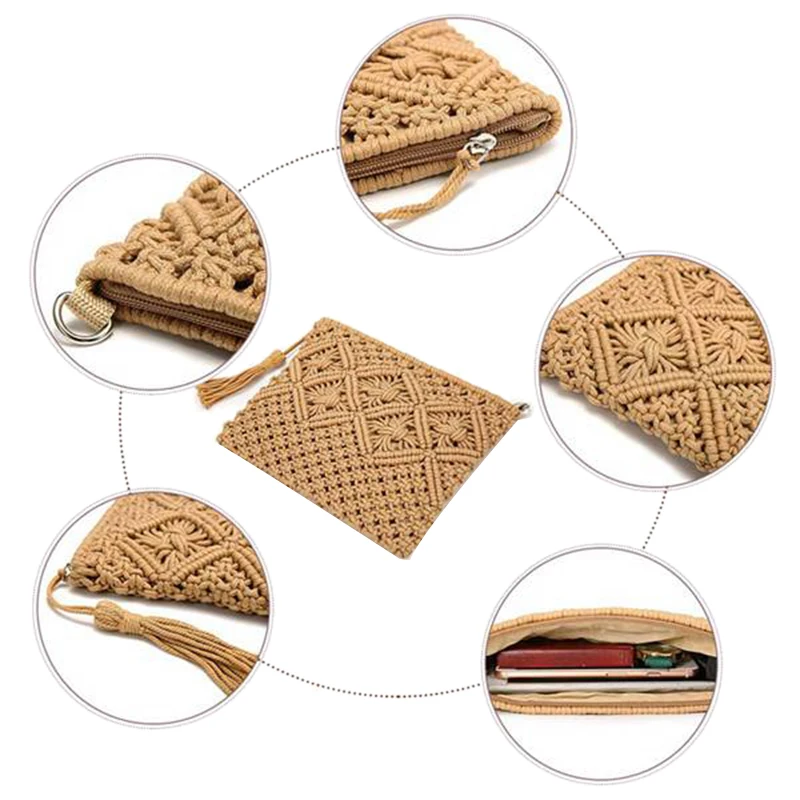 ABLQ Women's Hand-Woven Cotton Bag Straw Woven Bag Coin Purse Mobile Phone Bag Clutch Bag Tassel Bag Khaki