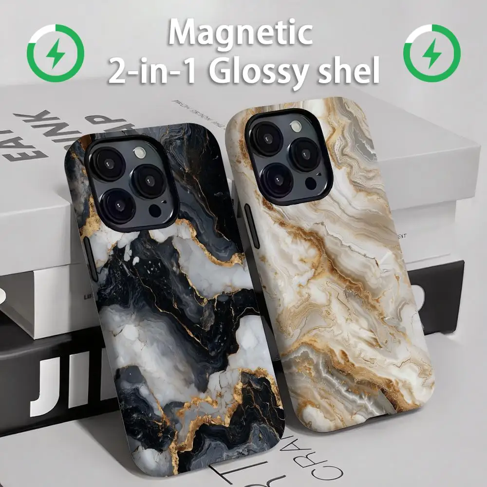 Image of Handyhülle mit Marmorstruktur, magnetisch, 2-in-1, glänzende Schale für iPhone17, 16e, 16, 15, 14, 13, 12, 11Pro Max Plus