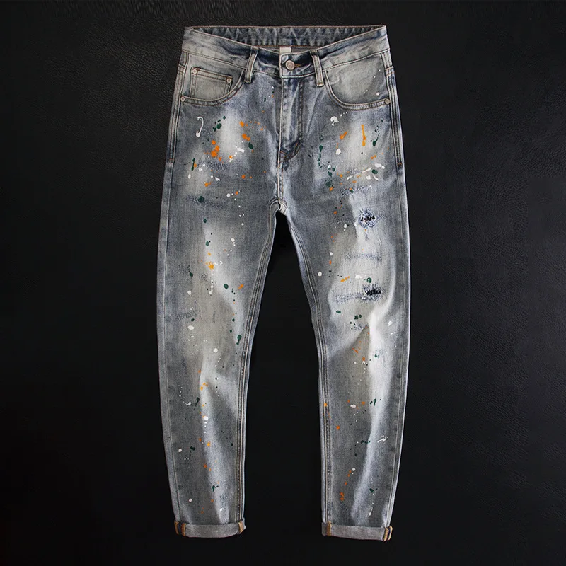 

Ripped Patch Ink Splash Colorful Paint Dot Slim Fit Jeans for Men Stretch Skinny Fashion Light Blue Long Pants