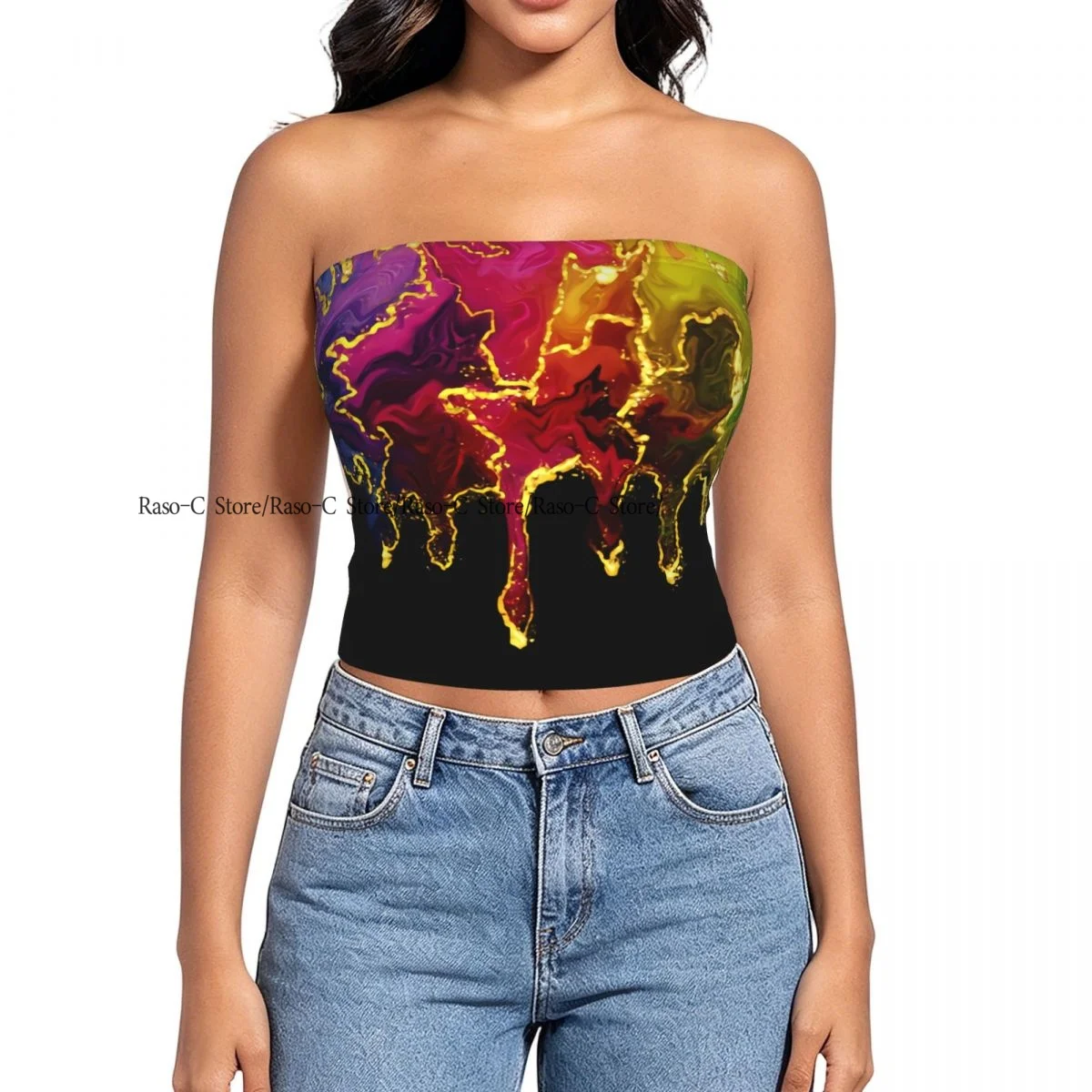Strapless Sexy Tube Tops Summer Outfits Women Backless Shoulder Wrap Rainbow Marble Abstract Pattern Female Crop Top