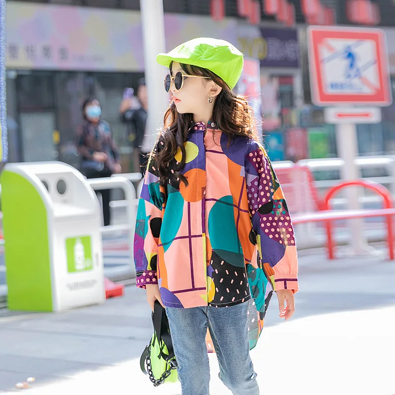 Girls Shirts Spring And Autumn 2024 New Middle-Aged Children And Hit Color Printing Shirts Long-Sleeved Tops Big Kids Clothing