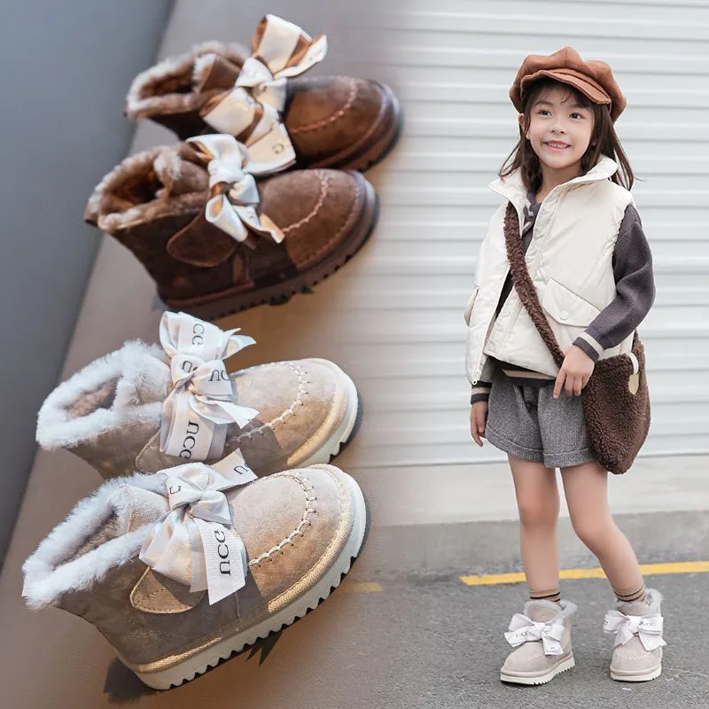 Botas de nieve de terciopelo para niñas, botines de algodón cálidos, botas cortas de princesa con lazo grueso, invierno, 2022