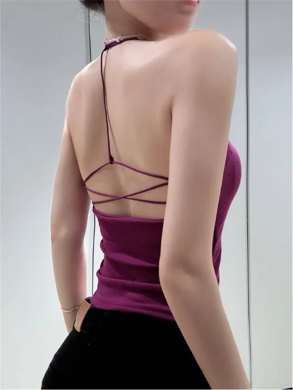 Dopamine Boosting Shrimp Line Top Women's Slim Fit Cotton Vest with Built-in Chest Pad Neck Hanging Design Breathable Summer ...