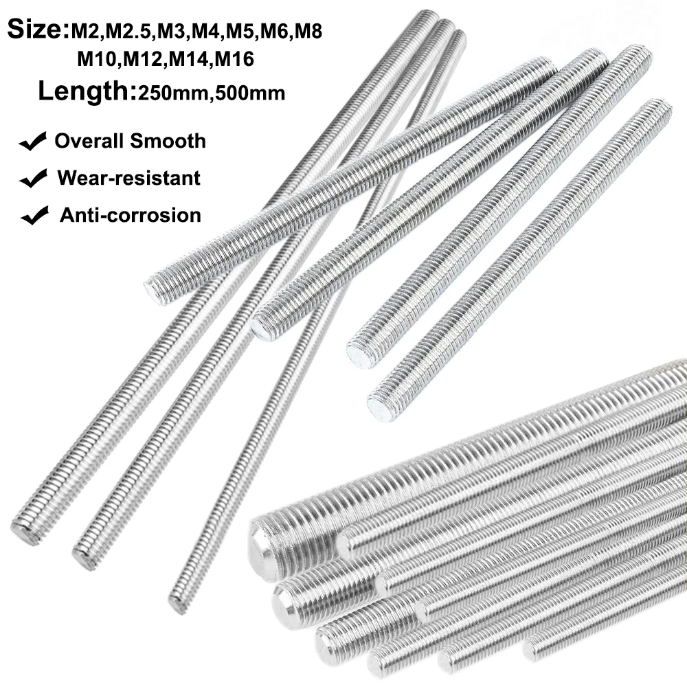 1PCS Threaded Rod 304 Stainlessen Steel Screw M2 M2.5 M3 M4 M5 M6 M8 M10 M12 M16 M18 M20 Headless Bolt Thread Full Threaded Stud